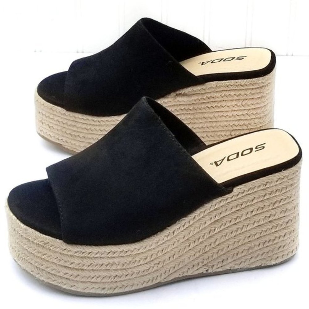 Black espadrille faux suede wedge slip on sandal